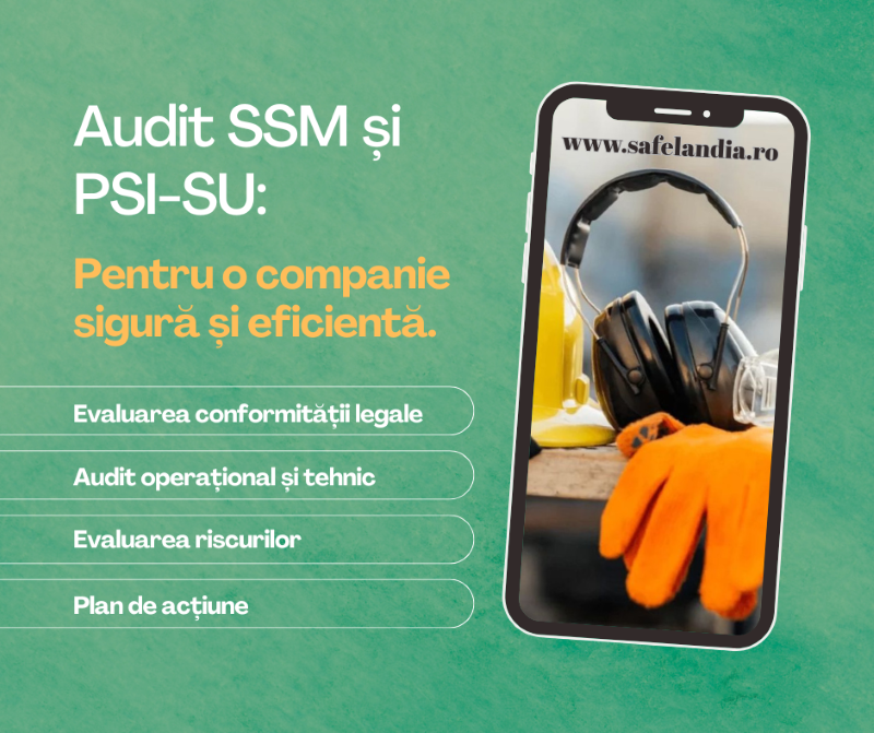Echipament de protecție utilizat într-un audit SSM și PSI-SU: cască, căști de protecție, mănuși, pe fundal industrial.