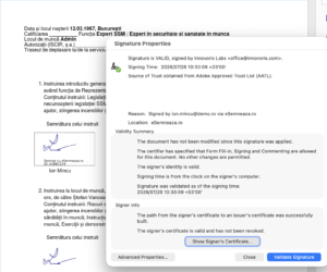 Semnătură electronică avansată SafeTraining validată în Adobe — certificat AATL, document nemodificat